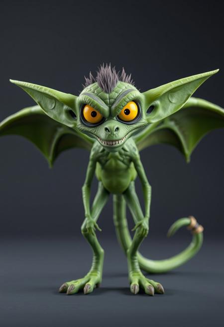 Clay Animation - a pixar style 3d animated green character called a jabberwock, angry, fierce, scary, big yellow eyes, wings, scales. long ears. long sharp teeth. at least ten feet tall with a simian like build, almost like a lemur. Its limbs are long and elongated and slender, 3 long fingers and claws. with a pointed end long tail ending, standing on two toes with a dewclaw/thumb. looking at camera over a simple background