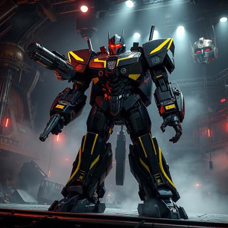 "Ultra-detailed 3D render of Transformers Machina Possesstorage, a towering mechanoid with jet-black carbon-fiber armor accented by neon-yellow hazard striping, standing in a combat-ready stance on a corroded steel stage within the Abyss Playhouse - Fantastic Theater. Its right arm mounts a glowing plasma cannon charging with crimson energy, while the left arm features a compact railgun with holographic targeting reticles. The robot's angular head glows with a scarlet visor piercing through hydraulic smoke, casting dramatic shadows across its industrial chassis. The theater backdrop features collapsing cyber-baroque architecture, floating holographic kabuki masks, and debris suspended in zero-gravity fields. Dramatic Dutch angle shot with Unreal Engine 5 ray tracing, Octane Render hyper-detailed textures, and Raphael-style chiaroscuro lighting. Metallic surfaces reflect neon spotlights and digital glitches, while splash ink weathering blends with Houdini particle simulations for a dieselpunk-meets-cyberpunk aesthetic. 8K resolution, ArtStation-trending composition, golden ratio framing, dominated by obsidian black, electric yellow, and emergency red with chromatic sci-fi aberrations."