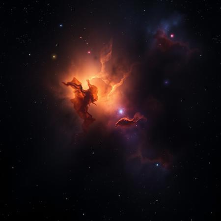 photorealistic dark translucent cosmic nebula in hues of black, orange, blue, and purple, and with 6 diffraction lines on stars