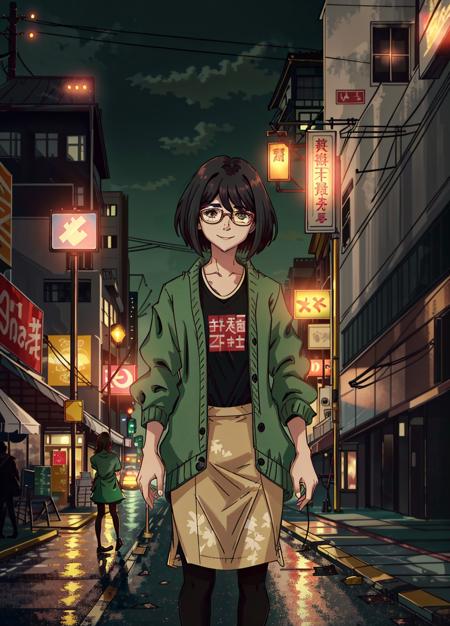 RGshiki,1girl,green jacket,black shirt,tan skirt,pantyhose,glasses,standing,smiling,facing viewer,outdoors,absurdres,cinematic lighting,8k,masterpiece,best quality,night,city,neon, <lora:RGShiki-10:0.9>