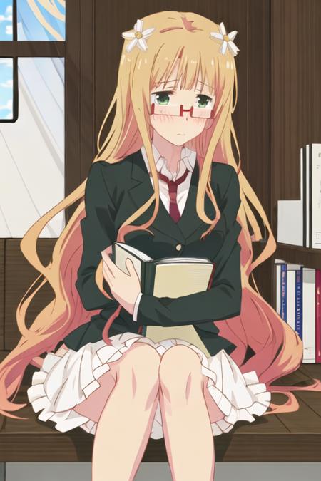 best quality, masterpiece, highres, solo, {mitsuki_sonoda_sakuratrick:1.15}, blonde_hair, glasses, flower, blush, hair_flower, hair_ornament, long_hair, green_eyes, red-framed_eyewear, 1girl, book, closed_eyes, tears, parody, lying