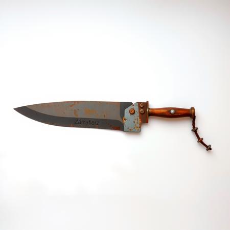 (pure white color background:1.5), single scavenged scrap metal machete with a long blade made from a patchwork of metal plates fastened together with large bolts and nails,  post apocalyptic style<lora:Dieselcore_Flux:0.5>,