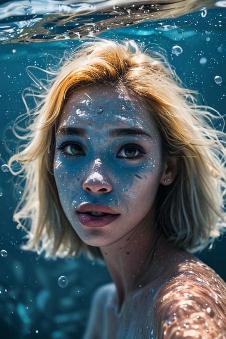 analog photo, (underwater:1.1), a cute mermaid girl, 20 years old, nepalese, (holographic, prismatic:1.1), (fish scales, Bright Blue skin:1.19), (disgust face:1.2), (medium blonde hair:1.15), buff, massive tits, bubbles, solo, high detailed texture, 8k uhd, digital camera, soft lighting, high quality, film grain, Fujifilm X-T30 II Mirrorless Camera, (natural skin texture, hyperrealism, soft light, sharp)