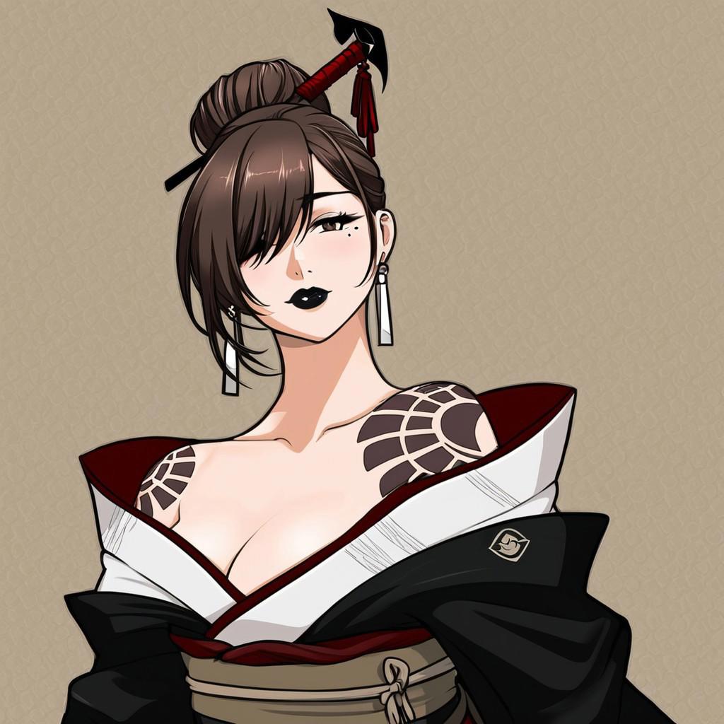 nierakeha
high quality, lips, 1girl, solo, brown hair, hair bun, hair stick, mole under eye, earrings, black lipstick, shoulder tattoo, off shoulder, kimono, red gloves, sash