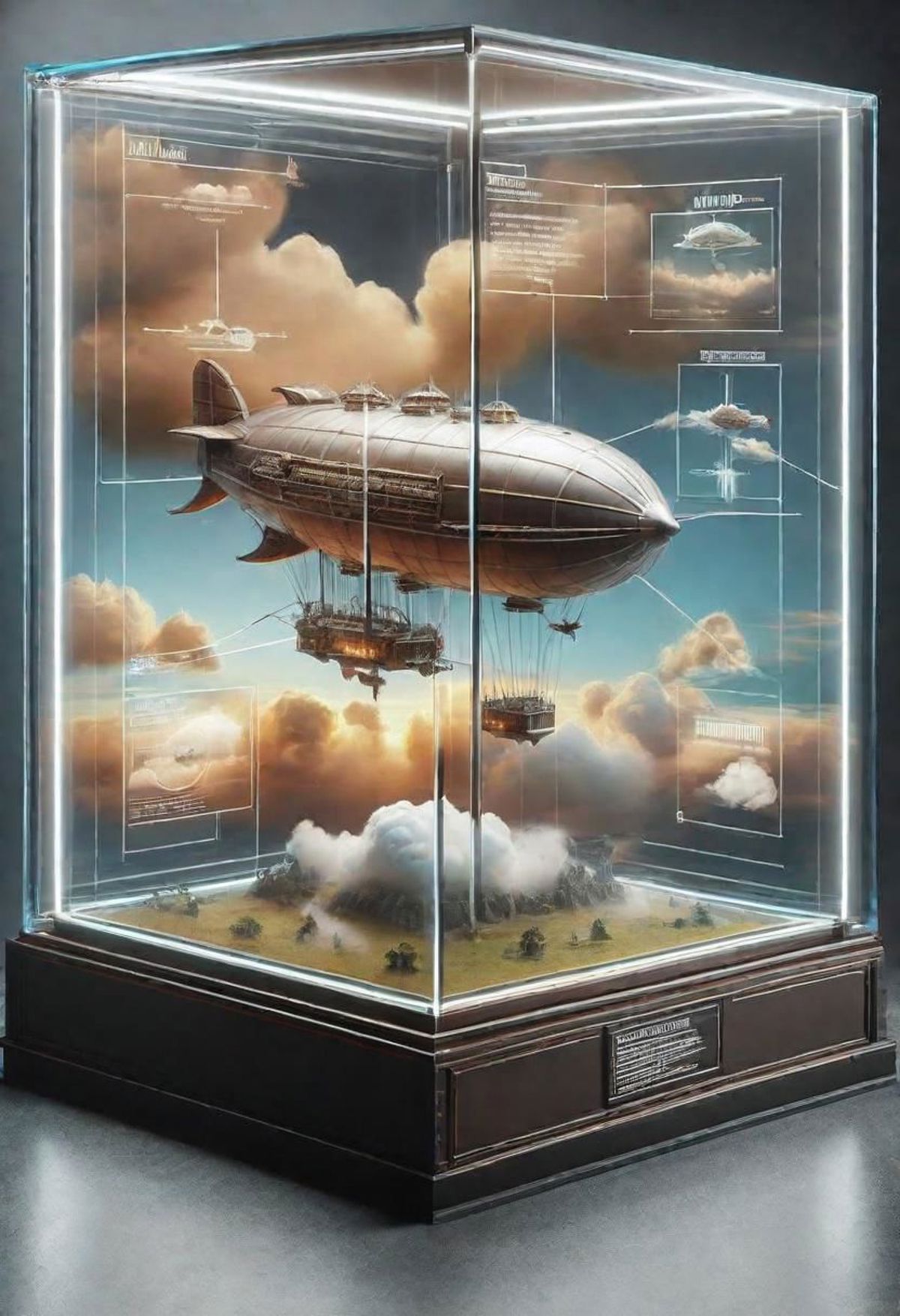 Artistic Display of a Steampunk Airship with a Diagram in a Glass Case