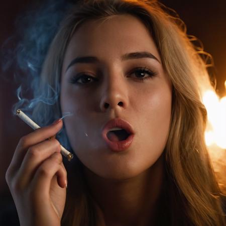 cinematic film still of cinematic film still of  <lora:Hyperrealism style:1> sharp detailed,
a young girl smoking a cigarette in a dark room,1girl,solo,long hair,looking at viewer,open mouth,blonde hair,teeth,lips,portrait,close-up,cigarette,realistic,smoking , realistic, real, photo real, cinematic, dramatic, film look, dramatic light, unreal engine, 3D computer graphics, hdr, Hyperrealism Style, closeup, hot, sexy, cigarette in mouth, shallow depth of field, vignette, highly detailed, high budget, bokeh, cinemascope, moody, epic, gorgeous, film grain, grainy