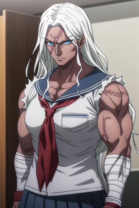 sakuraoogami, <lora:sakura oogami s1-lora-nochekaiser:1>,
sakura oogami, long hair, white hair, dark skin, dark-skinned female, muscular, scar, muscular female,
BREAK shirt, school uniform, serafuku, sailor collar, bandages, blue sailor collar, bandaged arm,
BREAK indoors, classroom,
BREAK looking at viewer, (cowboy shot:1.5),
BREAK <lyco:GoodHands-beta2:1>, (masterpiece:1.2), best quality, high resolution, unity 8k wallpaper, (illustration:0.8), (beautiful detailed eyes:1.6), extremely detailed face, perfect lighting, extremely detailed CG, (perfect hands, perfect anatomy),