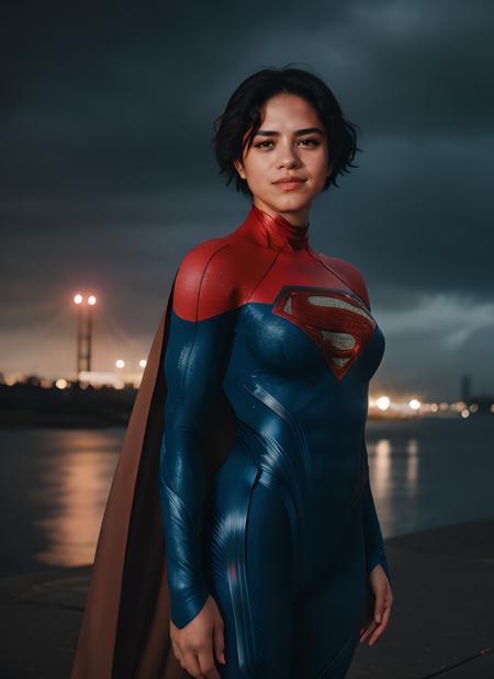 photo of supergirl, short hair, bodysuit, cape, smile, outdoors stormy night, background sky, analog style (look at viewer:1.2) (skin texture), Fujifilm XT3, DSLR, 50mm  <lora:Sasha Calle Supergirl:0.85>