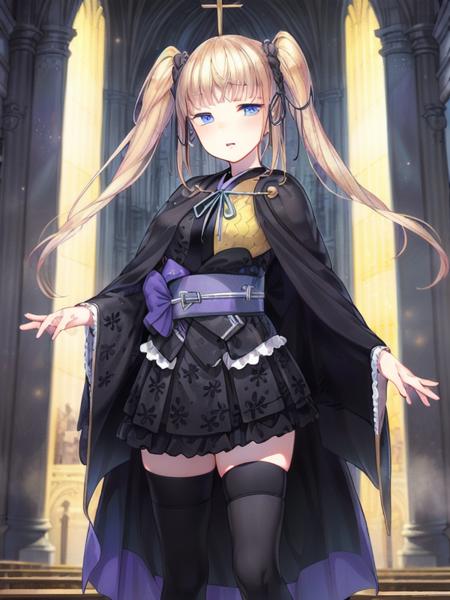 Okazaki,blonde hair, twintails, blue eyes,gold and black japanese clothes,capelet, obi, black thighhighs,