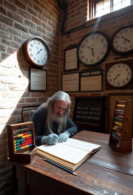 A man with long grey hair, wearing fingerless gloves, sits at an ancient wooden table writing in a ledger, an old colourful abacus stands next to the book. On the bare brick wall a large round clock tells the time and several large wall calendars fill the rest of the wall. The scene is illuminated by a beam of sunlight that shines through a small window high in one wall. The atmosphere is one of time stretching into infinity.
