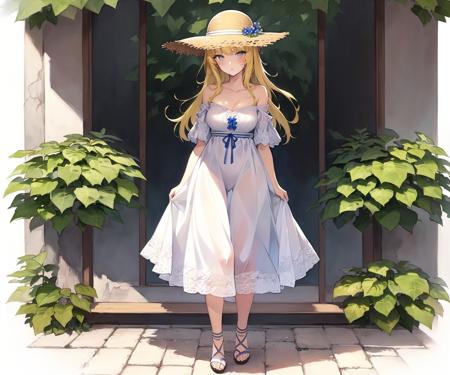 cohesive background, 1girl, dress, hat, solo, flower, outdoors, standing, sandals, bangs, plant, shop, (dappled sunlight:1.5), storefront, bow, breasts, collarbone, long hair, straw hat, looking at viewer, summer white dress, bare shoulders, sun hat, full body, white jacket, off shoulder, blue flower, frilled dress, sleeveless dress, open clothes, nature, (forest:1.3)