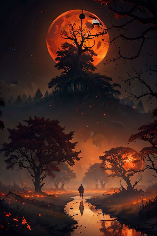 A person walking through a forest at night with a full moon in the sky.