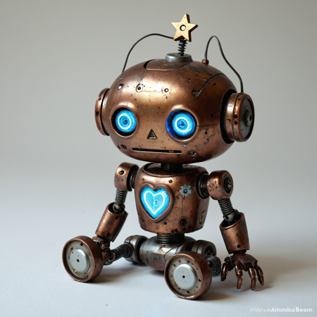 A small, endearing robot with a rusty bronze body and worn copper joints, its shiny silver eyes sparkling with a range of emotions, from joy to sadness, as if its digital heart beats with a tangible warmth, a single, glowing blue thread pulsing gently on its forehead like a nervous system, its miniature mechanical limbs stiffly clinging to a favorite worn teddy bear, the robot's hand-painted smile slightly askew, giving the impression of a makeshift repair, as if its previous owner had lovingly tried to fix its broken heart, the entire contraption topped with a tiny, slightly dented tin hat adorned with a faded golden star, the robot's very presence exuding a mix of playfulness, melancholy, and a deep longing for human connection.,