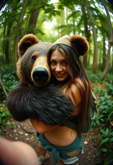 kodak medium format film grainy soft focus Selfie, fisheye lens, photorealistic girl sexy dripping covered in honey traveler hugging angry bear and running : in the background, angry bear, jungle, bokeh