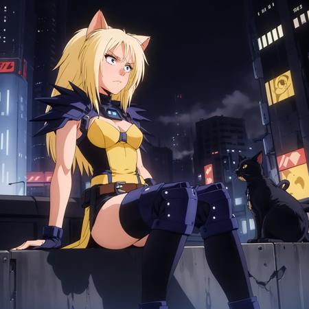 PumaSisters,1girl,blonde hair,longhair,cat ears, yellow leotard,shoulder armor, belt, black thighhighs, knee pads,