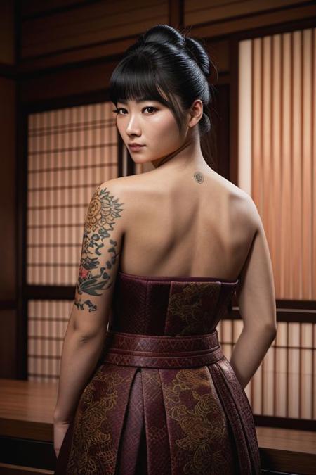 '(18 year old girl:0.5)' yakuza boss feudal japan tokyo , full body, back facing viewer, full dragon tattoo on back
,four fingers and 1 thumb(joints)
amazing fine detail, rich colors, lifelike texture, dramatic lighting, dynamic composition, [(colorful explosion psychedelic paint colors:1.21)::0.05],ultra realistic, 8k,(hyperrealism:1.2), (8K UHD:1.2), (photorealistic:1.2),detailed face, detailed hair, realistic, realism, definition detailed realistic, detailed, skin texture,