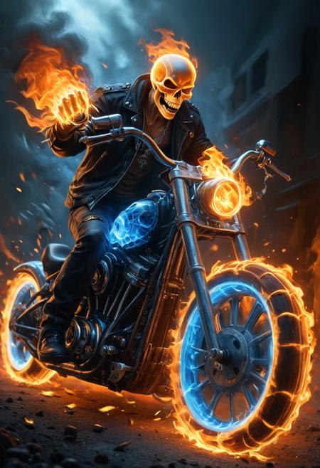man rides a motorcycle, (skull:0.5), (chain:1.6), spikes, Ghost Rider, chopper, ultra detailed,  blue fire element <lora:xl-shanbailing-1003fire:1>  <lora:xl_more_art-full_v1:1>