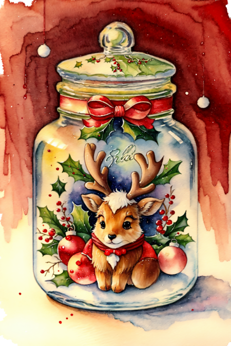 <lora:ChristmasFood:0.8> ChristmasFood, Reindeer in a glass jar, traditional media, red theme