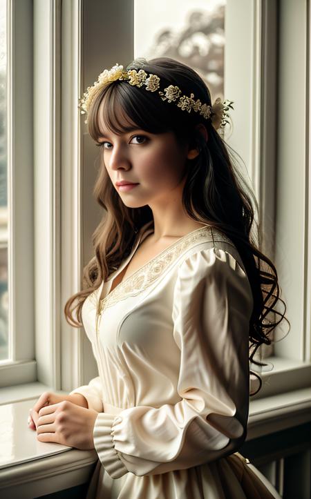 cinematic film still 1girl, solo, long hair, looking at viewer, blush, bangs, blue eyes, hair ornament, long sleeves, dress, hair between eyes, closed mouth, standing, flower, white hair, wings, sky, day, looking back, cloud, indoors, hair flower, white dress, blue sky, window, halo, cloudy sky, plant, white flower, 
<lora:IvoryGoldAIv2:1> ivory gold . shallow depth of field, vignette, highly detailed, high budget, bokeh, cinemascope, moody, epic, gorgeous, film grain, grainy