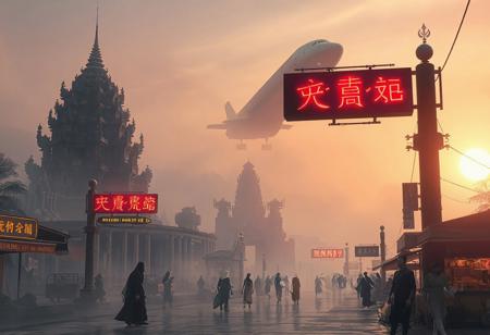 dawn of a new world, ancient cambodian temple in the mist of a futuristic alien landscape. A large industrial looking freight carrying space transporter can be seen in the distance slowly exiting earths atmosphere. Neon signage in an Asian style alien script addorns billboars framing the ancient ruins. Promenades can be seen through the mist with food stalls starting to serve breakfast. Androids, various different species of Aliens and humans in ancient style m=futuristic clothing can be glimpsed going about their mornings.