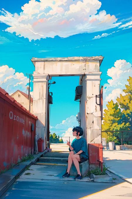 solo, sitting, sky, cloud, outdoors, short hair, blue sky, scenery, black hair, day, 1girl, wide shot, rooftop, shirt, building, shorts, shadow <lora:airconditioner:1>