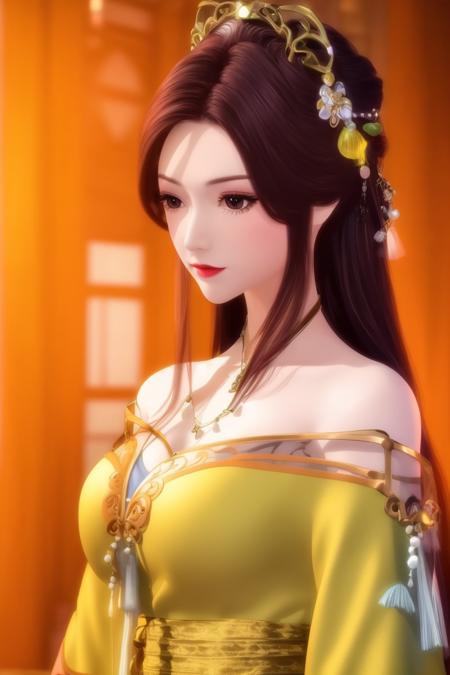 1girl,brown hair,long hair,((yellow hanfu)),(green hair ornament:0.5), 