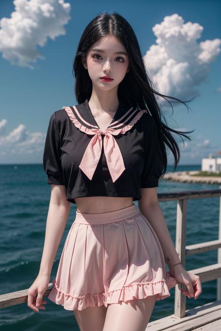 pink bow, shirt,skirt,sailor collar,midriff, 