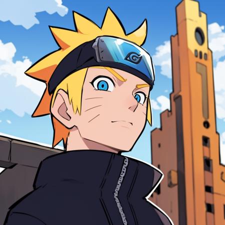 <lora:Eiken3kyuboyArtist-20:1>, 1boy ,solo, detailed eyes, masculine face, urban area , modern building , sunglasses, vast blue sky, clouds, morning, sunny, muscular male, detailed background, <lora:Naruto:0.7> uzumaki naruto, mech parts,