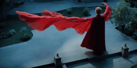 cinematic film still of  <lora:Lucy Westenra:1>
Lucy Westenra a full shot high angle from above of a red flying hair white woman in a red Victorian era cape dress posing for a picture while staring at something with coll blue moonlight above Kodak Eastman EXR 50D 5245, EXR 500T 5296 Cinematic Film, shallow depth of field, vignette, highly detailed, high budget, bokeh, cinemascope, moody, epic, gorgeous, film grain, grainy