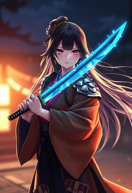 Shinobi girl wearing a kimono with shoulder armor, she's holding a katana glowing with blue energy, her long hair is flowing in the wind, she stands outside in nighttime training for her next battle. (maximum ultra high definition image quality and rendering:3), maximum image detail, maximum realistic render, (((ultra realist style))), realist side lighting, , 8K high definition, realist soft lighting, <lora:FluxMythG0thicL1nes:0.6> <lora:FluxMythR3alisticF:0.5> <lora:RetroAnimeFluxV1:0.6> <lora:OB半写实肖像画V2.0:0.6>