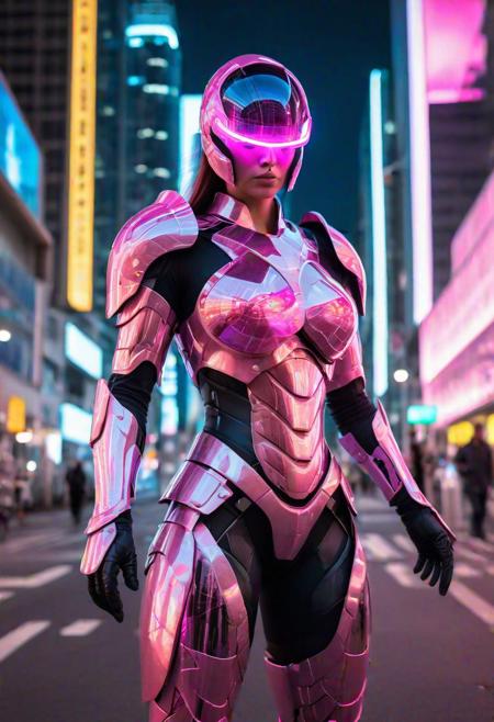 by night woman wearing translucent glowing pink glass armor, holographique armor, standing on a futuristic city street, fighting pose