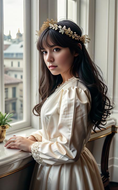 cinematic film still 1girl, solo, long hair, looking at viewer, blush, bangs, blue eyes, hair ornament, long sleeves, dress, hair between eyes, closed mouth, standing, flower, white hair, wings, sky, day, looking back, cloud, indoors, hair flower, white dress, blue sky, window, halo, cloudy sky, plant, white flower, 
<lora:IvoryGoldAIv2:1> ivory gold . shallow depth of field, vignette, highly detailed, high budget, bokeh, cinemascope, moody, epic, gorgeous, film grain, grainy
