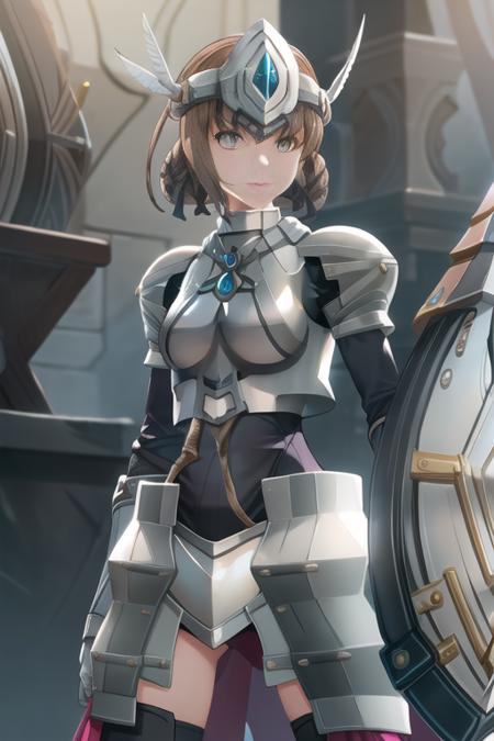 <lora:duvalie:1>, duvalie, duvaliearmor armor holding_sword shield, solo, masterpiece, 1girl, standing,, masterpiece, extremely detailed, absurdres,  beautiful,, <lora:epi_noiseoffset2:0.3>, dark studio, rim lighting, two tone lighting, dimly lit, low key,