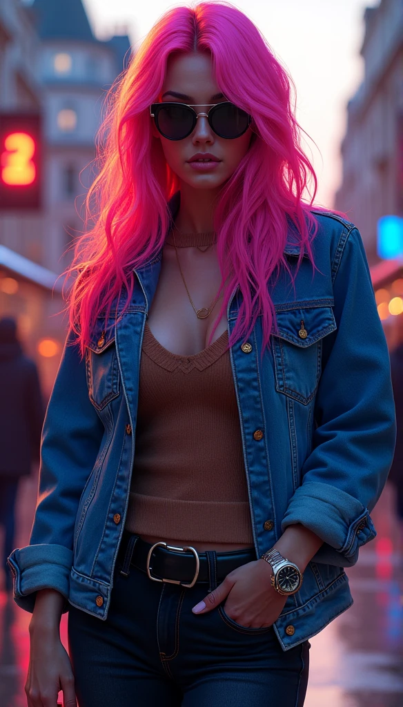 A highly expressive and detailed digital painting of a woman with neon colored hair, by c4rll4r, glowing makeup and vibrant colors, reminiscent of a dreamlike state. (8k resolution), concept art, trending on artstation.

