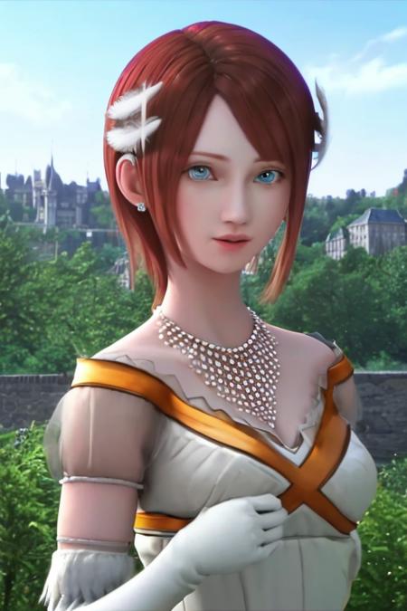 masterpiece, best quality,  <lora:Elise:0.8>, princesselise, red hair, short hair, blue eyes, white dress, white gloves, earring, feather ornament, necklace, castle