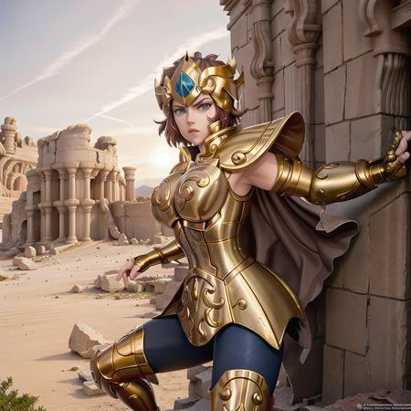 <lora:LeoArmor:0.6>, masterpiece, best quality, masterpiece, detailed face, detailed eyes, full body, Scarlett Johansson wearing LeoArmor, fighting pose, Attack pose, at a desert castle ruins, helmet