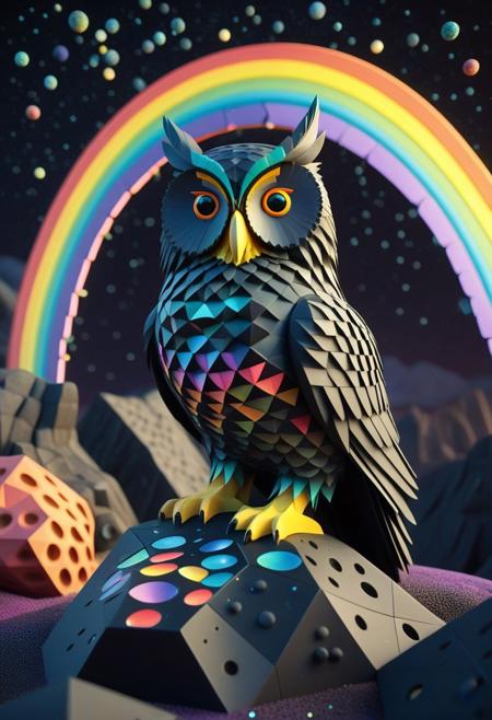 lowpoly, cinematic lighting, surreal composition, humorous elements, vibrant hues, intricate textures, photorealistic details, sharp focus, dynamic lighting, soft glow, whimsical atmosphere, basalt feathered owl  with rainbow cycle voronoi tessellations, low-poly geometric shapes, Perched admist the constellations of the Vernal Equinox
