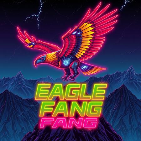 A robotic eagle flying over a mountain-top. red and yellow stripes. fanged beak.
Background mountains at night. Cosmic skyscape.  Synthwave colorscheme. Very realistic, fantasy illustration.
with the words "EAGLE FANG" emblazoned in 3D, intricate, lightning patterns, with a predominantly neon colors,