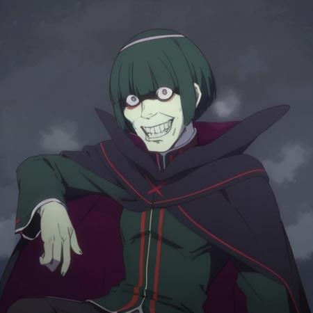 best quality, highres, ultra-detailed, <lora:Petelgeuse:0.7>, Petelgeuse, dark robe, 1boy, bangs, green hair, short hair, teeth, solo, wide-eyed,  dark pants, cape, ,smile, happy, dark background, sitting on ground