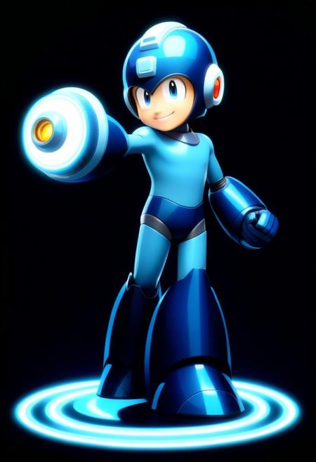Character,megaman, blue bodysuit, thick blue round armored gauntlet, thick blue round armored boots, right arm buster cannon, blue helmet, sleek streamlined designed, bright blues clean aesthetic robotic, fullbody, full body shot, cartoon style, proud face, excited pose, in the style of golden future. sparks are falling as meteor shower colored baroque geometric patterns float around the canvas in the style of colorful digital art. Black background, neon lights, surrealism, high contrast, vibrant colors, psychedelic patterns, ethereal glow. The overall mood should be one of happy tomorrow and hopefull beauty