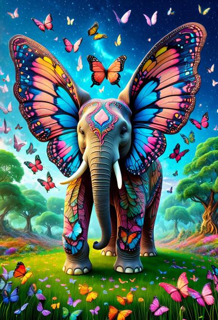 score_9, score_8_up, score_7_up, Masterpiece, absurdity, highest quality, source anime, animals, collector figures, (swap elephant ears into swallowtail butterfly wings: 1.2), elephant of happiness, max nose, big smile, solo, dreamy pastel colors, ethereal lighting, majestic elephant surrealist floating in a whimsical landscape, complex patterns of elephant skin, gentle expressions of elephant faces, detailed swallowtail butterfly textures, forest night sky. colorful, Godray, Details, Playing light, High contrast, butterflyStyle, dynamic poze, eye-catching typography, enhancing the overall playful and adventurous atmosphere of this imaginative and humorous composition.e,<lora:sdxl_lightning_8step_lora:0.3><lora:aidmaMJ6.1_v0.5_2:0.4> aidmamj6.1, sfw,