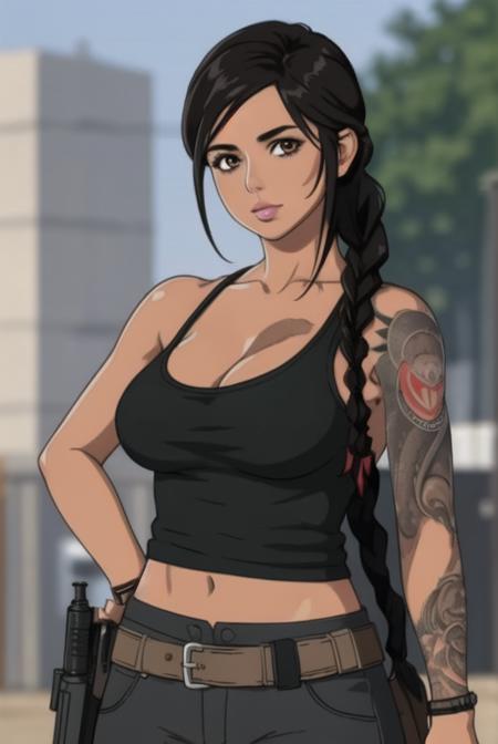 <lora:mara_(call_of_duty):0.8>, mara (call of duty), masterpiece, best quality, 1girl, solo, tattoo, realistic, black hair, braid, long hair, tank top, looking at viewer, arm tattoo, single braid, blurry, blurry background, hair over shoulder, holster, breasts, brown eyes, lips, pants, messy hair, outdoors,