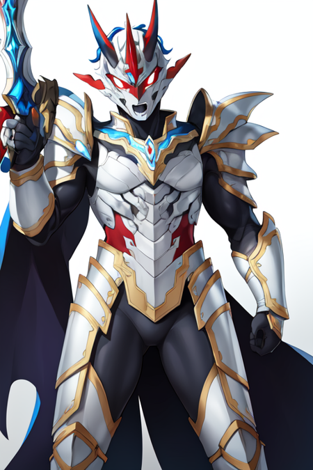 ultramanreiwa, solo, red eyes, holding weapon, shoulder armor, white gloves, blue bodysuit, black armor, clenched hand, open mouth, single horn 