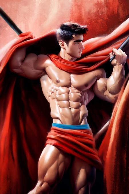 masterpiece, best quality, painting, solo, 1boy, red cape, large pectorals, muscular, bara, abs, holding polearm, nipples, short hair, facial hair, veins, thick thighs, feet out of frame, black hair, navel, bare pectorals, thick eyebrows, manly, looking to the side, wind, helmet