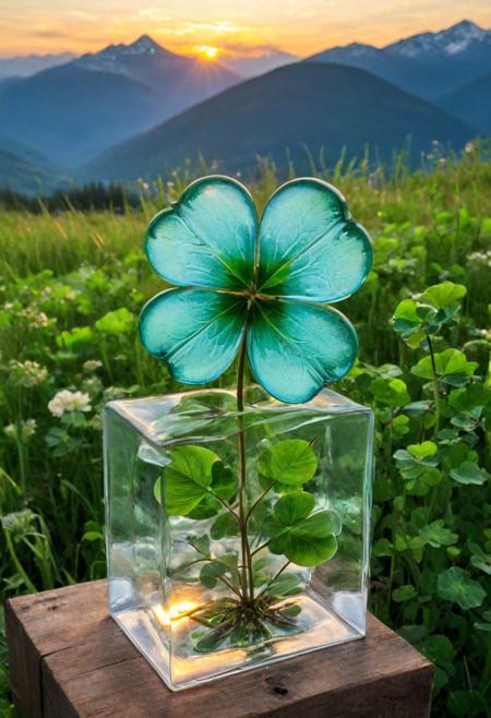 a (four-leaf clover:1.5) in glass, in a natural landscape, depicted nestled among tall grasses in a serene meadow with mountains in the distance. The glass clover should reflect the surrounding scenery, capturing the vibrant hues of the grass and the azure sky. The overall atmosphere should be tranquil and harmonious, with soft sunlight casting warm rays over the scene. (natural landscape), (serene), (reflective:1.1), (vibrant colors), (mountains), (tranquil atmosphere), (soft sunlight), (harmonious)