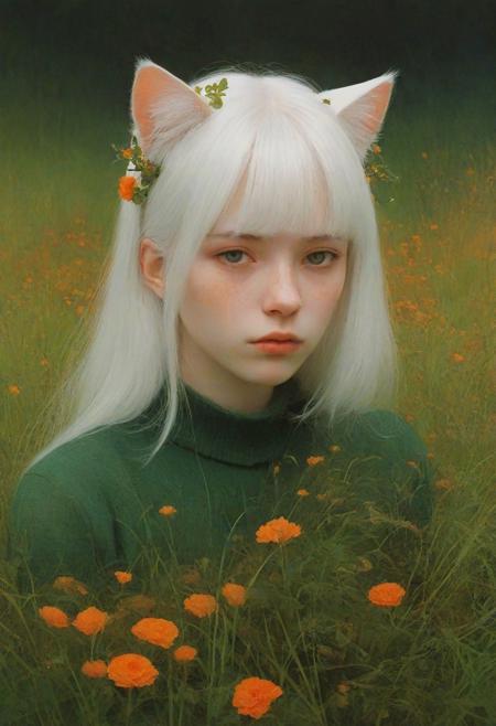 `white hair, shoulder-length hair, straight hair, 20 years old, catgirl, cat ears, cute, pale skin, blushed face, snub nose, grass, flowers, collar, orange theme, green theme, digital artwork by Beksinski, portrait