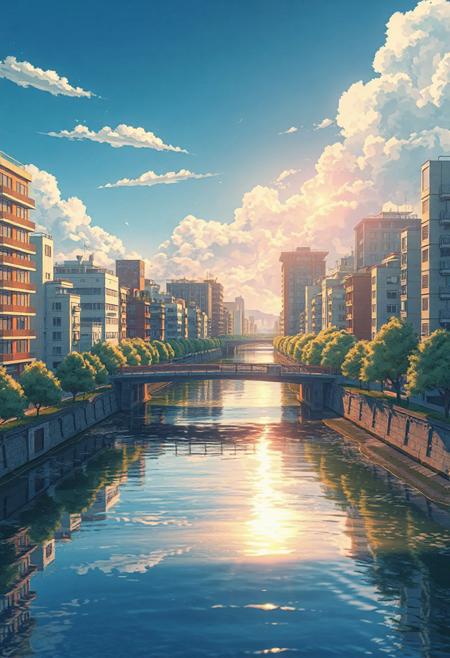 ultra-detailed anime cityscape with a river flowing through, modern Japanese-style buildings, pedestrian bridge crossing the water, warm afternoon sunlight reflecting off the water surface, soft clouds in a clear blue sky, trees lining the riverbank, realistic water reflections, cinematic lighting, anime cel-shading with watercolor gradient, peaceful atmosphere, inspired by Makoto Shinkai and Studio Ghibli, vertical 9:16, 4K high resolution, sharp linework, no people