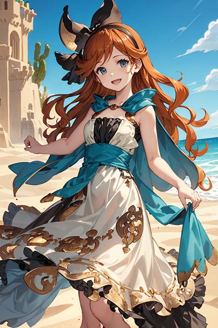 <lyco:gbfsara:0.75>gbfsara, strapless dress, green cape,
upper body,looking at viewer,(smile:1.2), open mouth,standing, skirt lift, curtsey,
desert, sand castle,blue sky