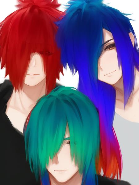 masterpiece, best quality, smart hair, multiple boys, hair over one eye,  colorful hair, 
<lora:Smart_hair:1>