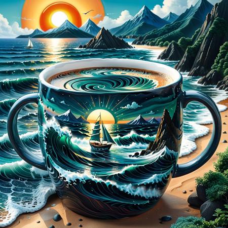 Fractangles, made out of fractangles, Studio Ghibli Dark Fairytale,
A huge giant coffee mug - a portal without a bottom, completely overturned, lies on the shore of a serene sea. Water flows over the edge of the mug, mixing with the sea waves, and a sailing ship floats out. The sun, summer, mountains, greenery are visible through the mug... View from above, from a bird's eye view. Sketch with colored chalk, contours drawn with gel pens